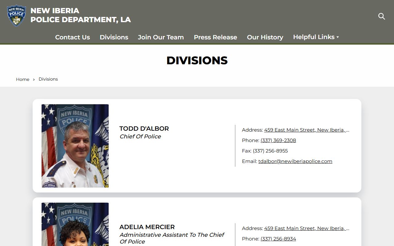 New Iberia Police Department divisions page for New Iberia background check records