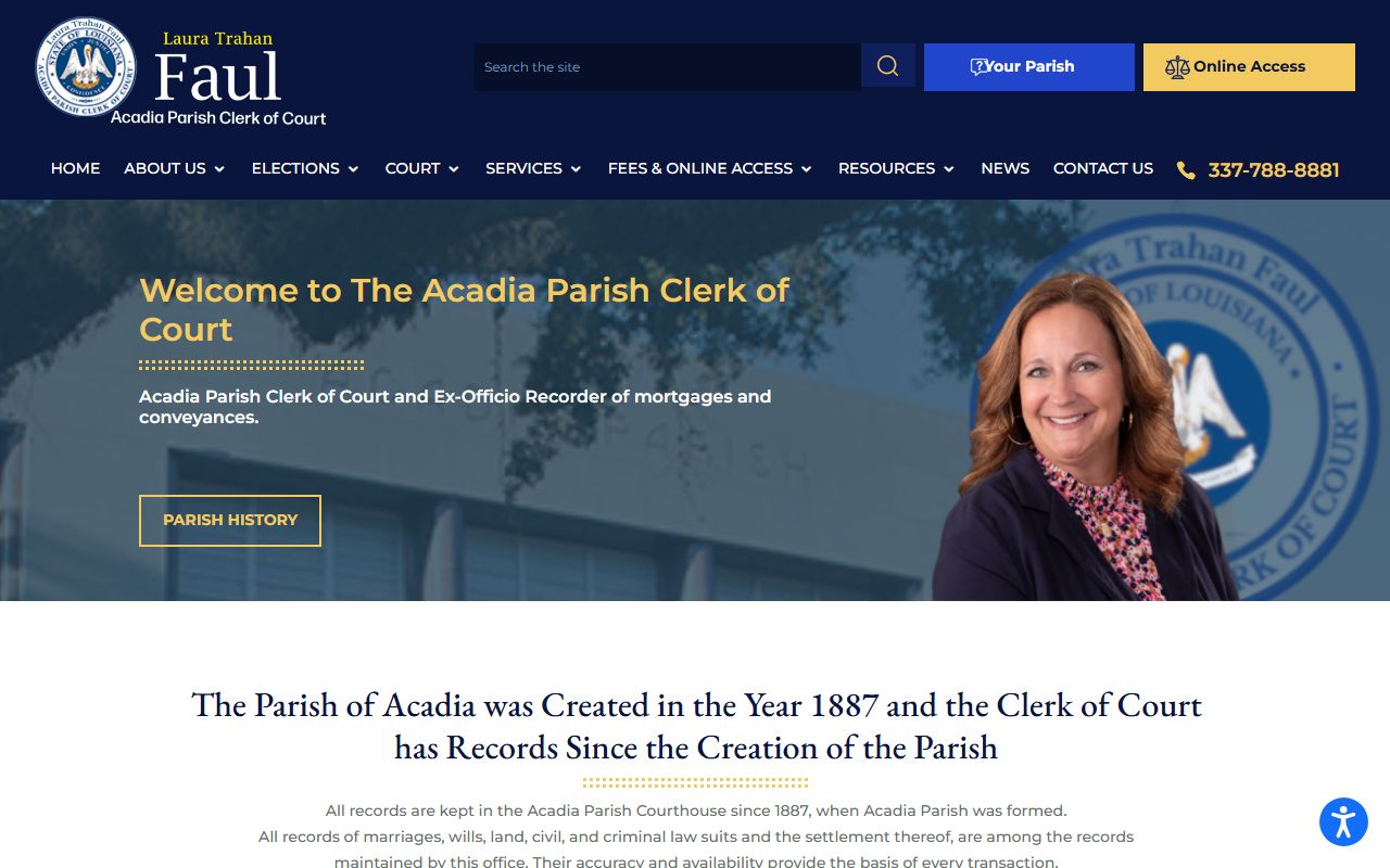 Acadia Parish Clerk of Court website showing background check records search options