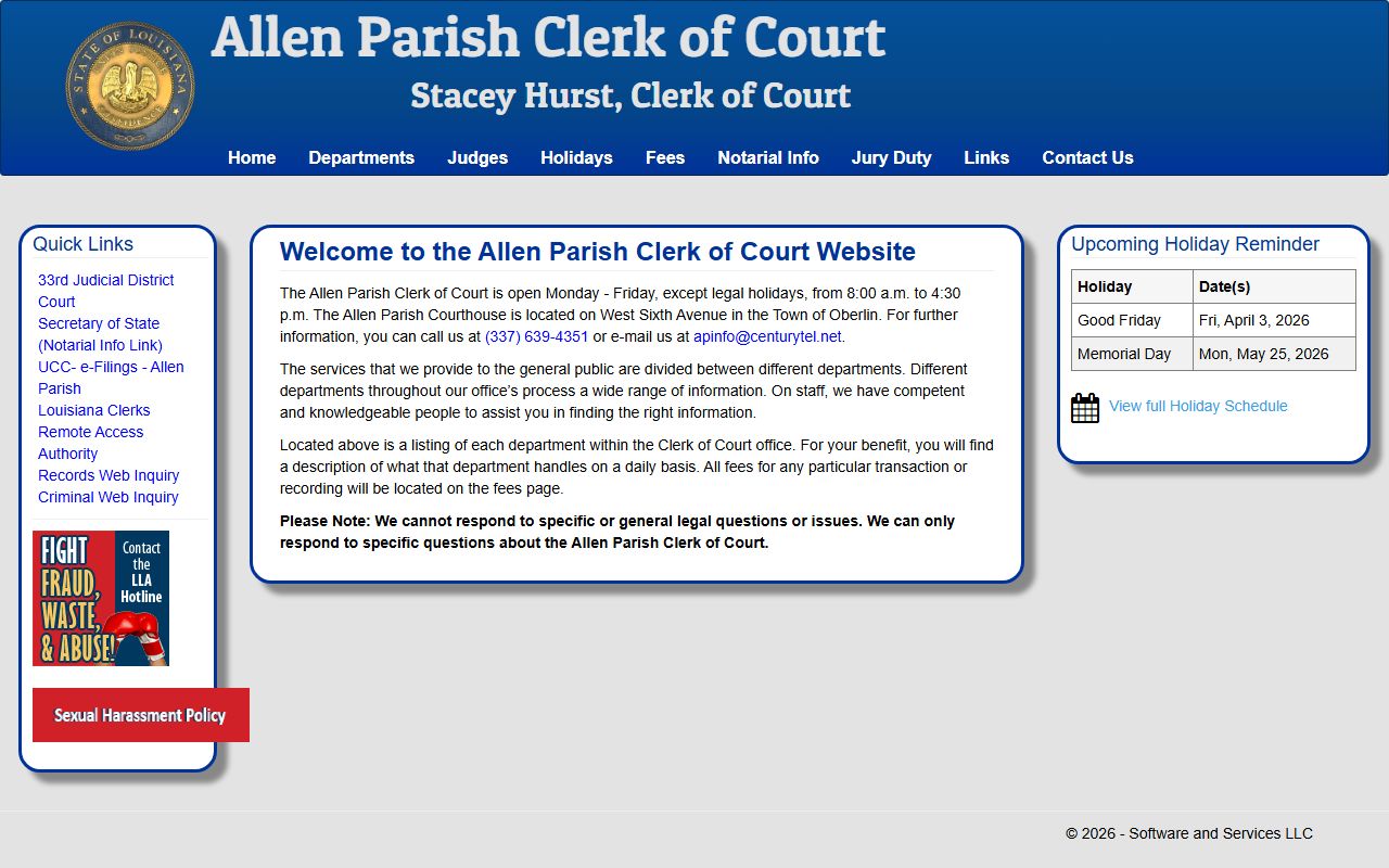 Allen Parish Clerk of Court website showing background check records and online search options