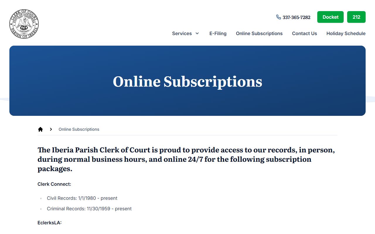 Iberia Parish Clerk online subscription page for background check records access