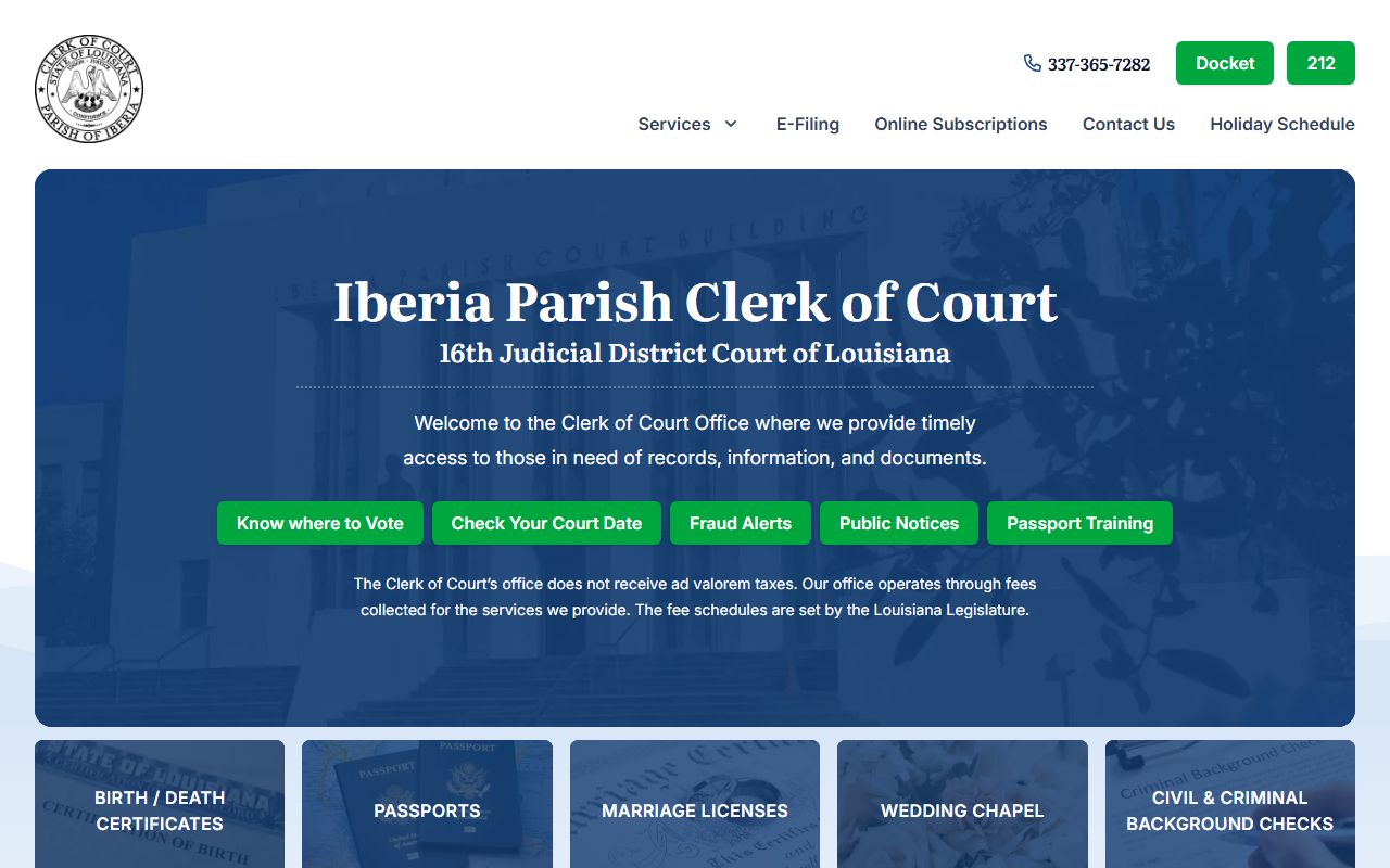 Iberia Parish Clerk of Court website for background check records in New Iberia