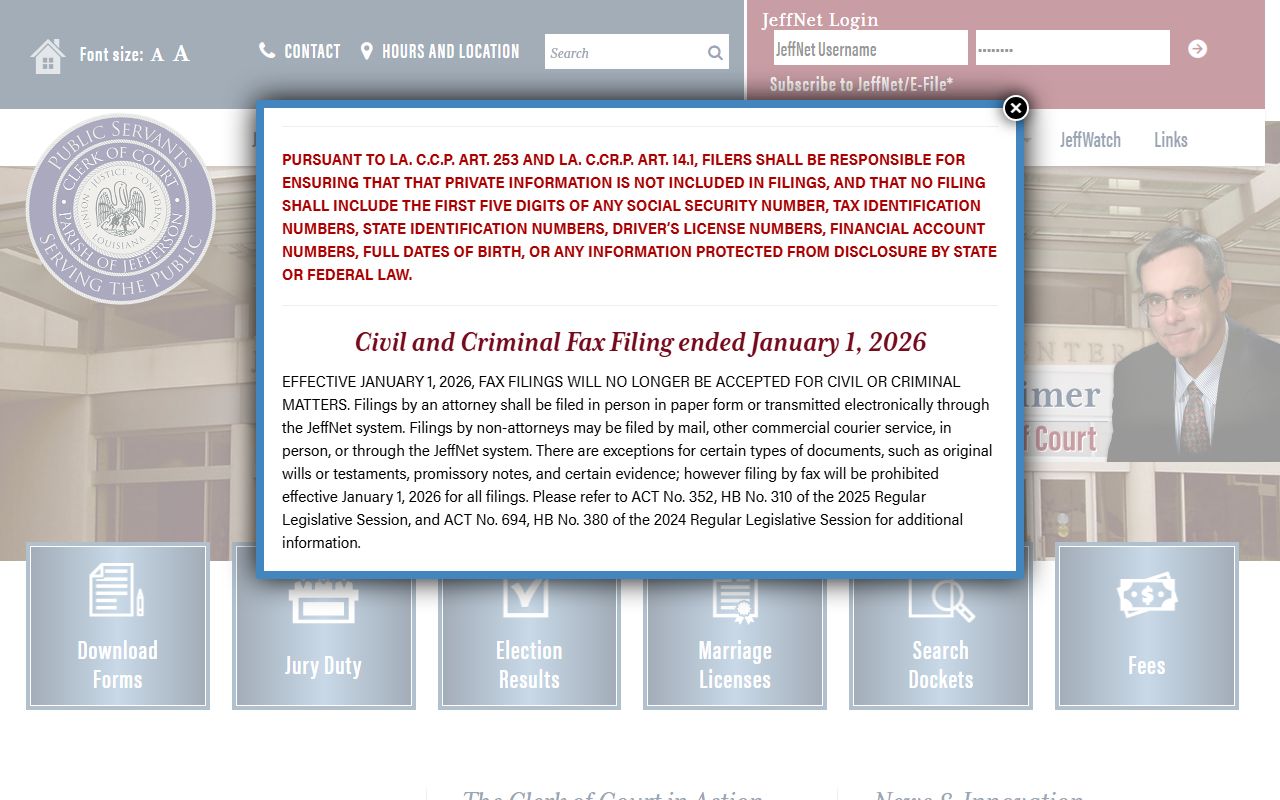 Jefferson Parish Clerk of Court website showing background check records and JeffNet portal
