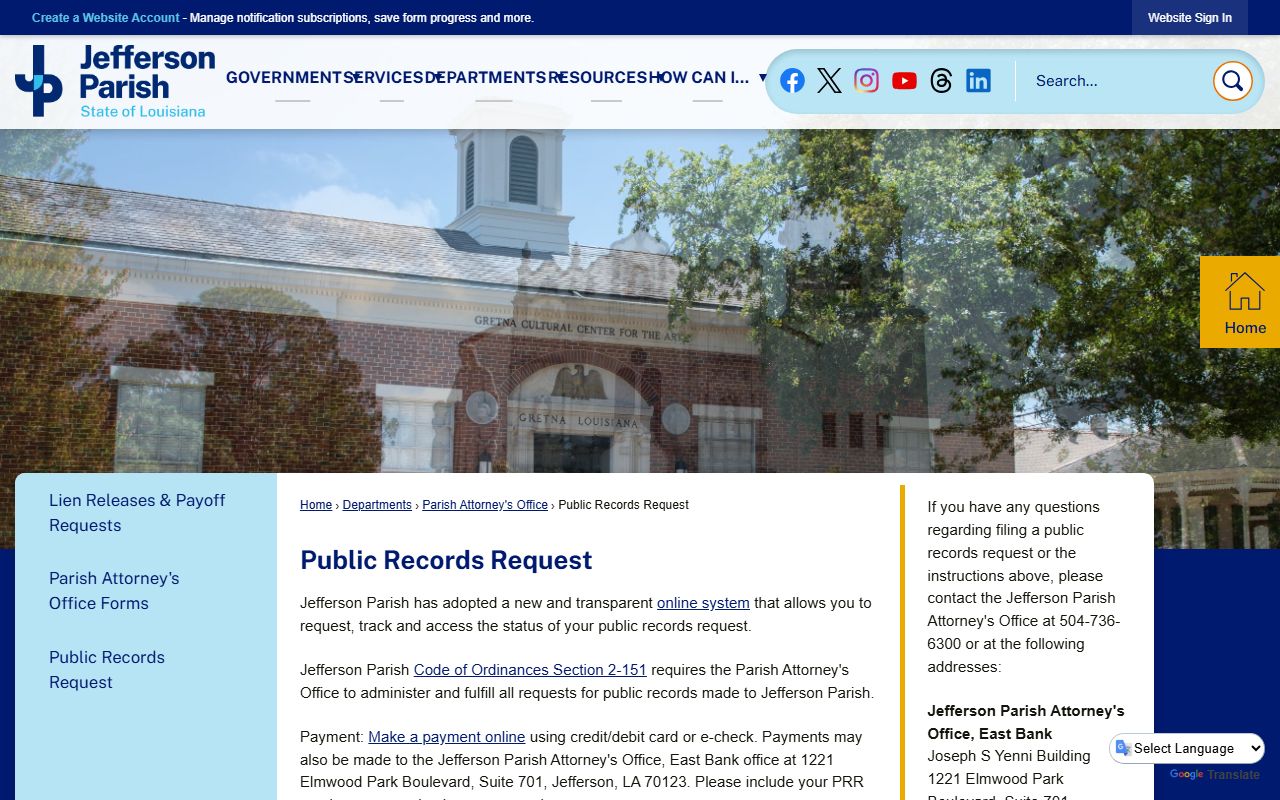 Jefferson Parish public records request page for background check records