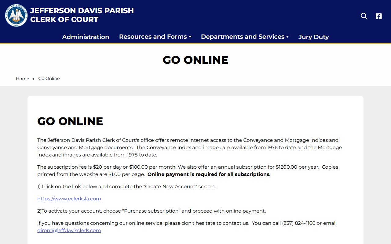 Jefferson Davis Parish Clerk online records search for background check data