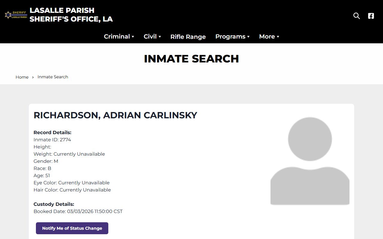 LaSalle Parish inmate search tool for checking current custody status