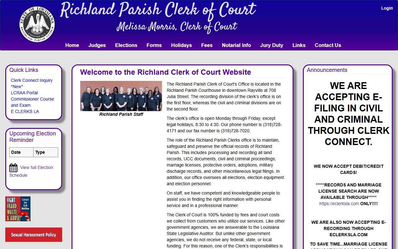 Richland Parish Clerk of Court website in Rayville