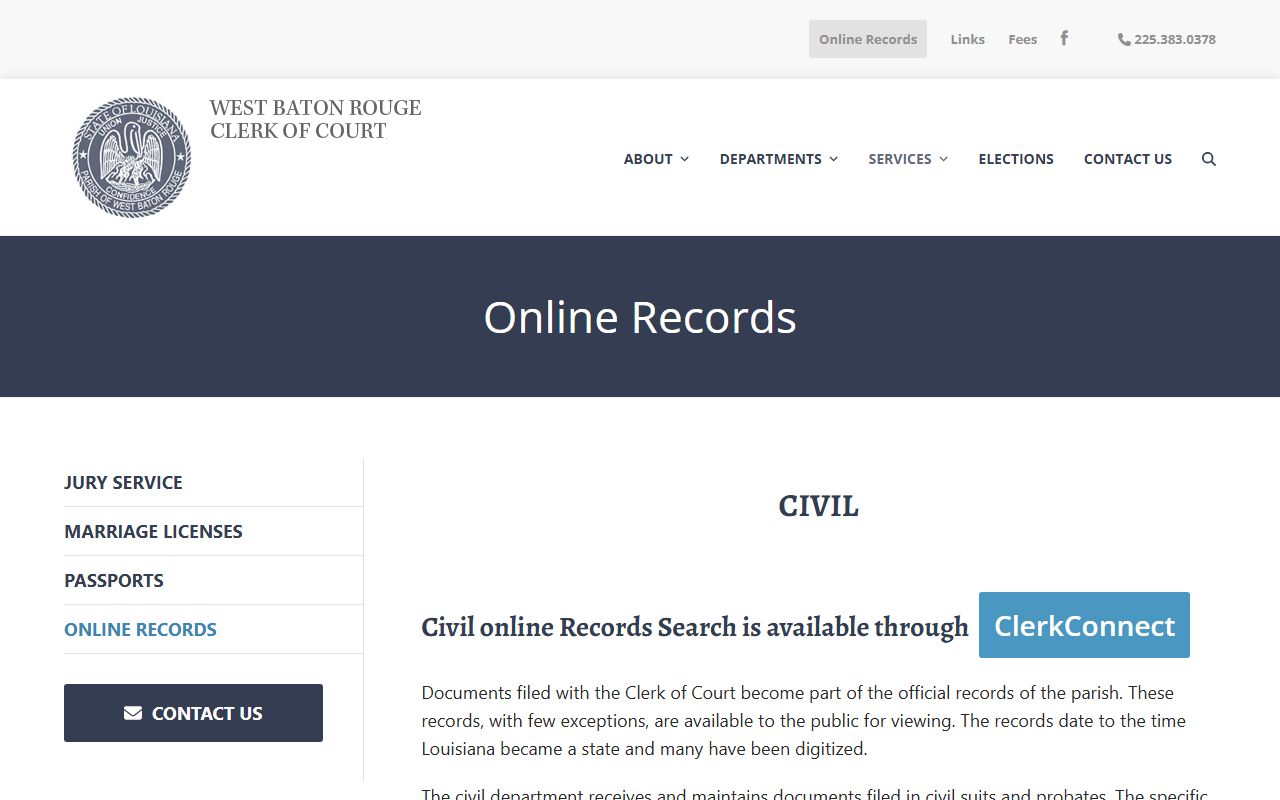 West Baton Rouge Parish Clerk public records page for background check records