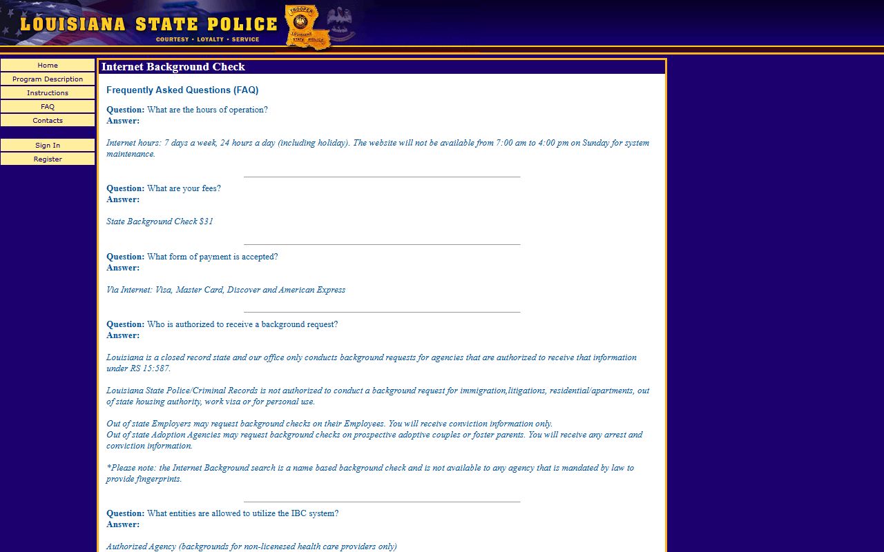 Louisiana Internet Background Check FAQ page for background check records