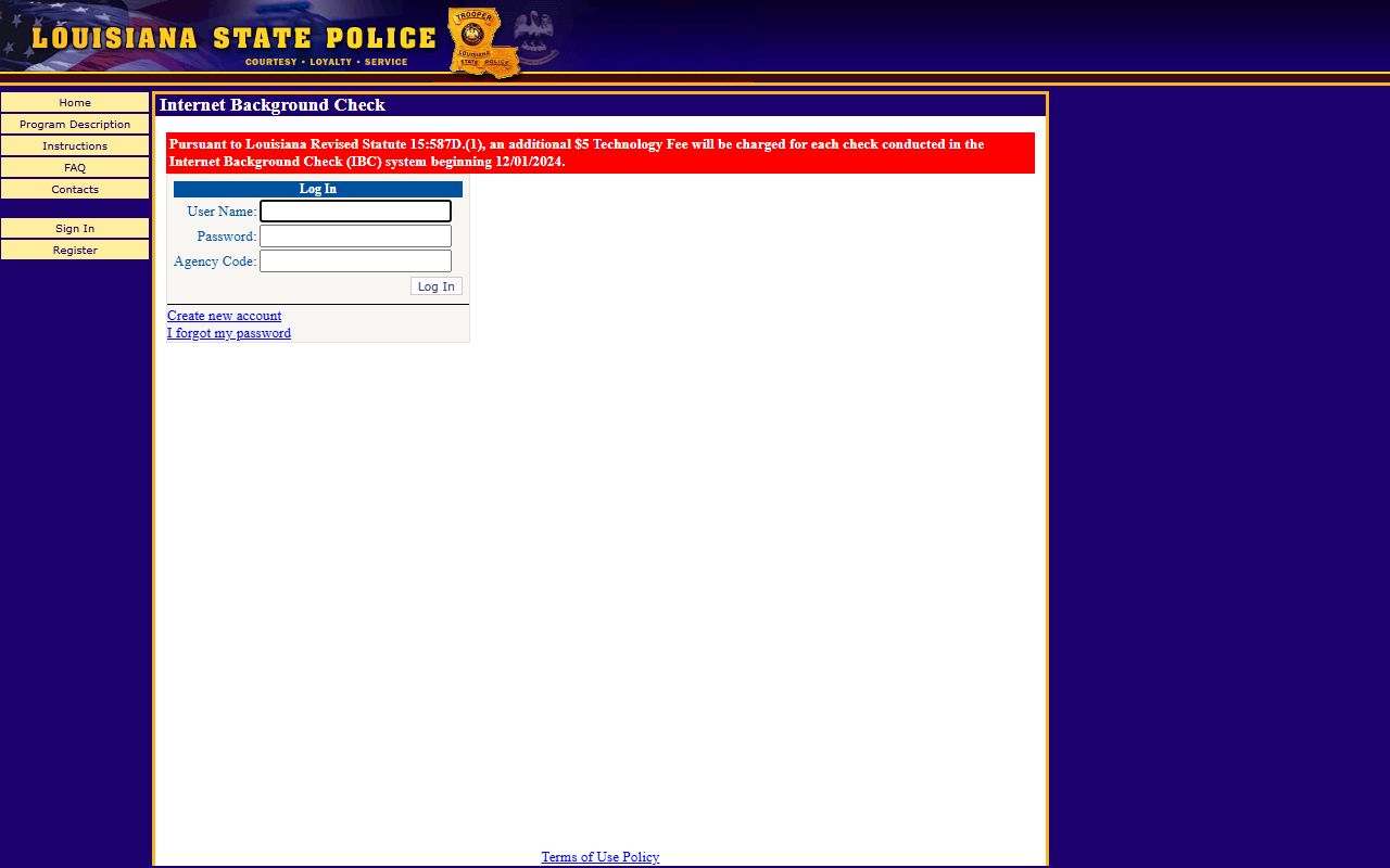 Louisiana Internet Background Check IBC portal login page