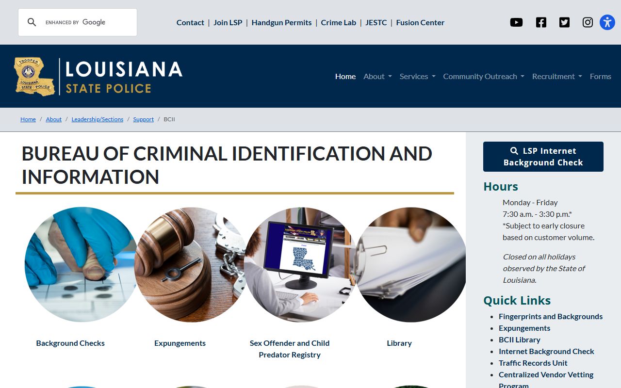 Louisiana State Police background check information page